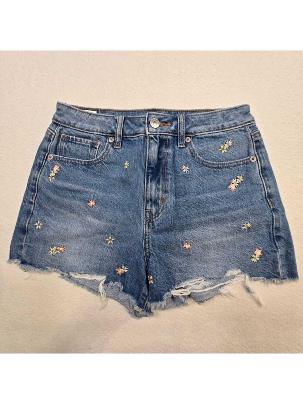 American Eagle Womens 2 Mom Shorts Blue Denim Distressed Floral Embroidered
